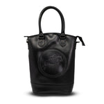Black leather handbag with a logo on a white background