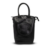 Black leather handbag with a logo on a white background