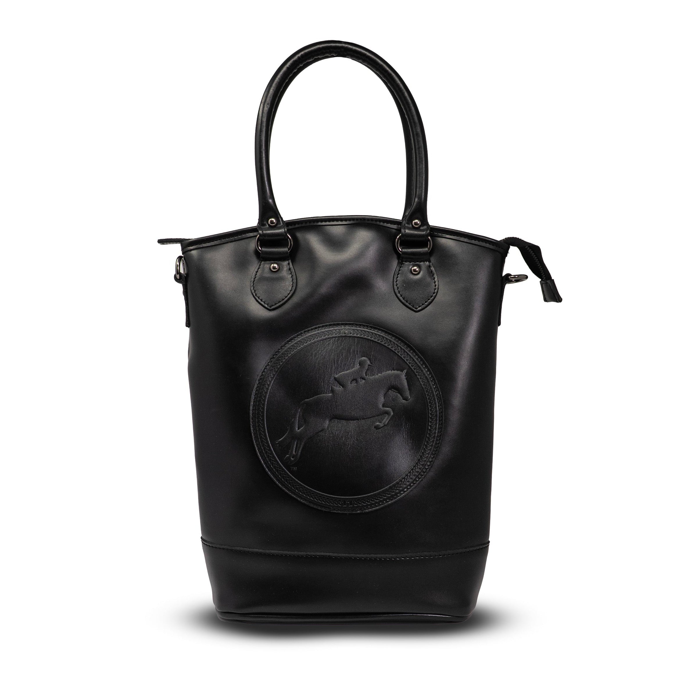 Black leather handbag with a logo on a white background