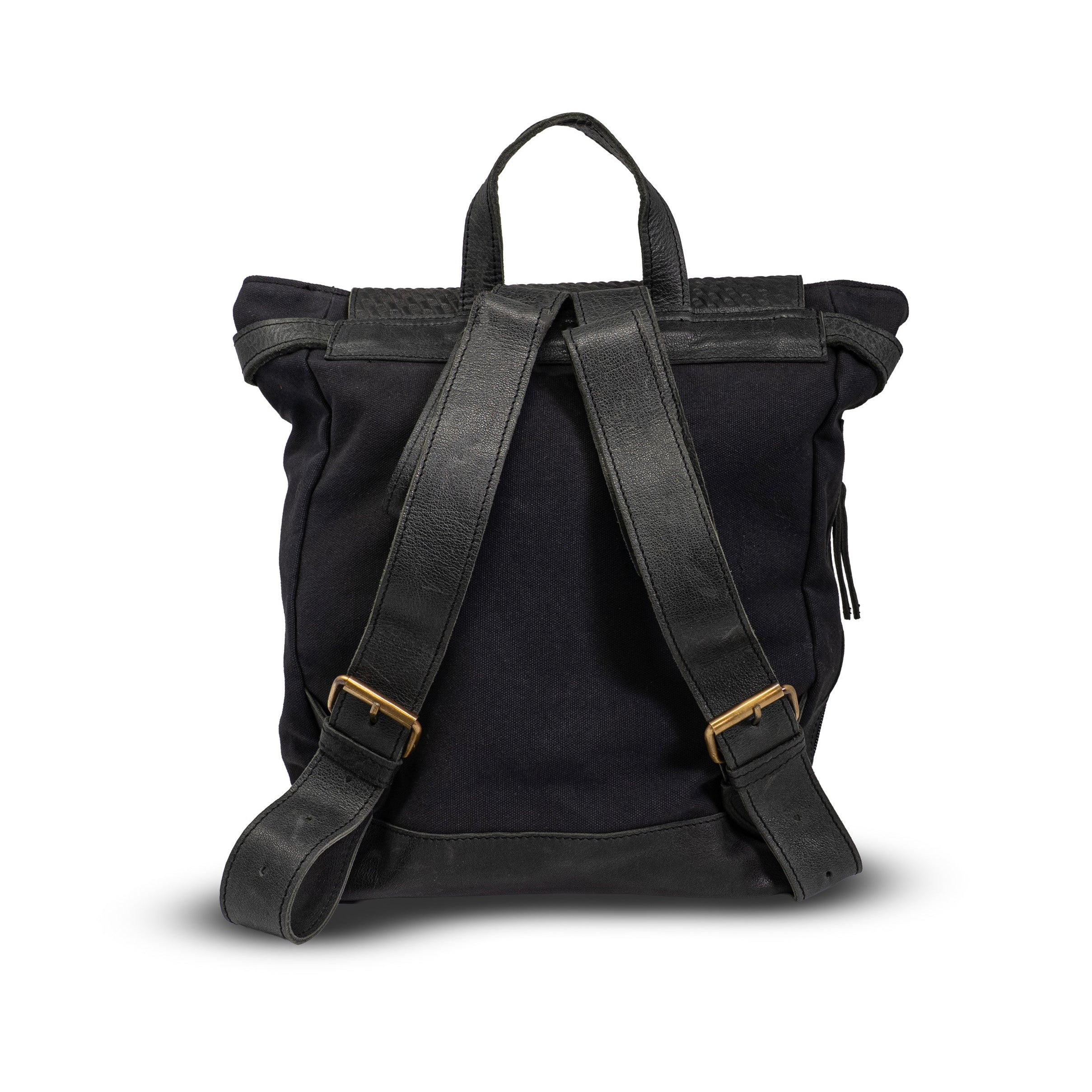 Black backpack with straps on a white background