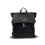 Black backpack with a logo on a white background