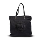 Black tote bag with a circular logo on a white background