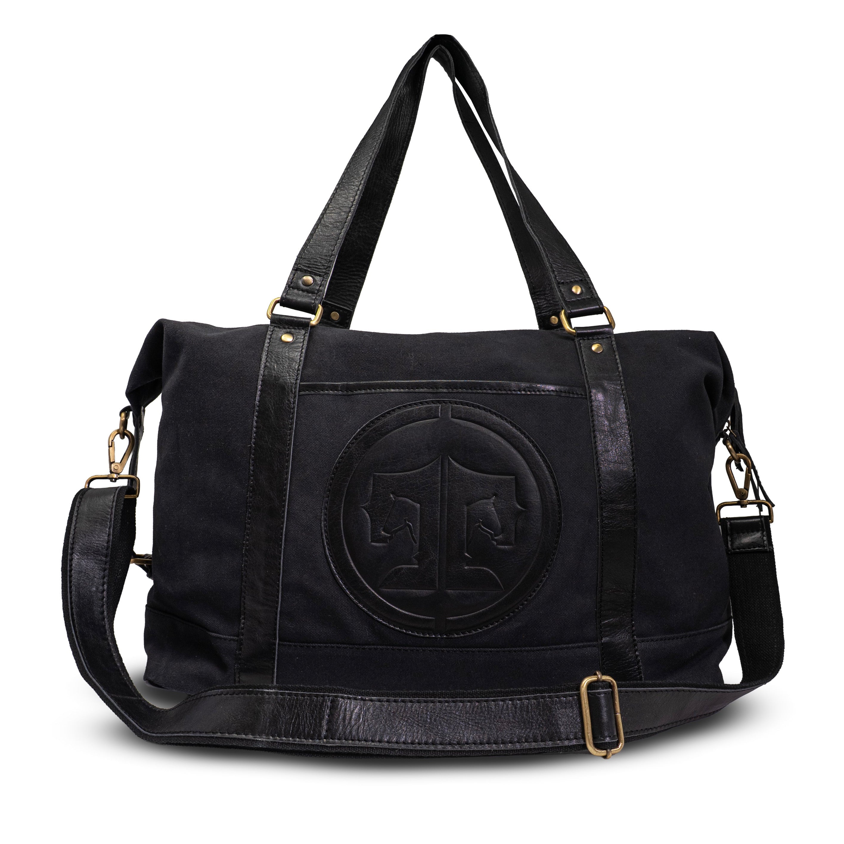 Black bag with a logo on a white background