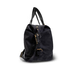 Black backpack with gold zippers on a white background