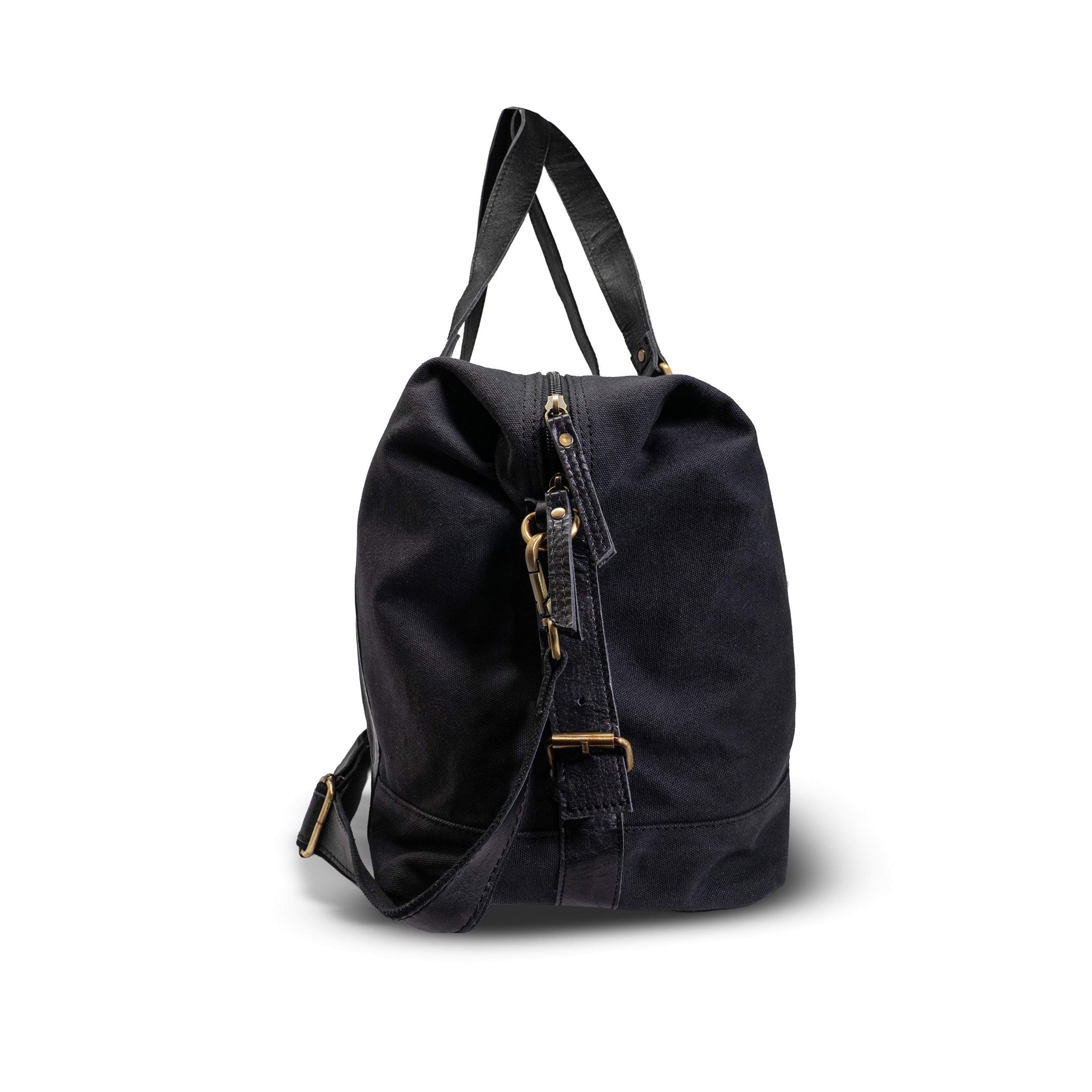 Black backpack with gold zippers on a white background
