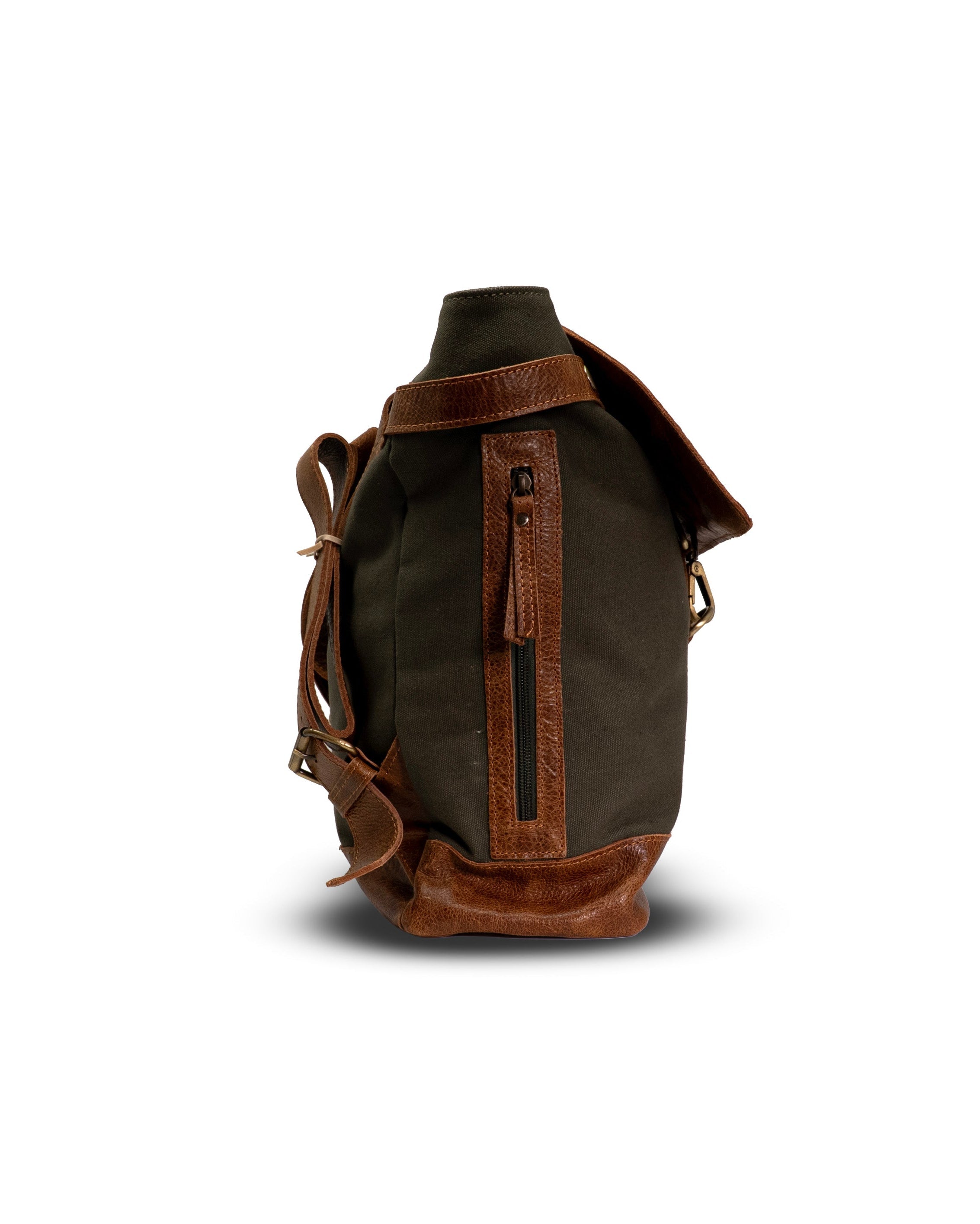Brown leather backpack on a white background
