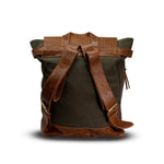 Green and brown roll-top backpack on a white background