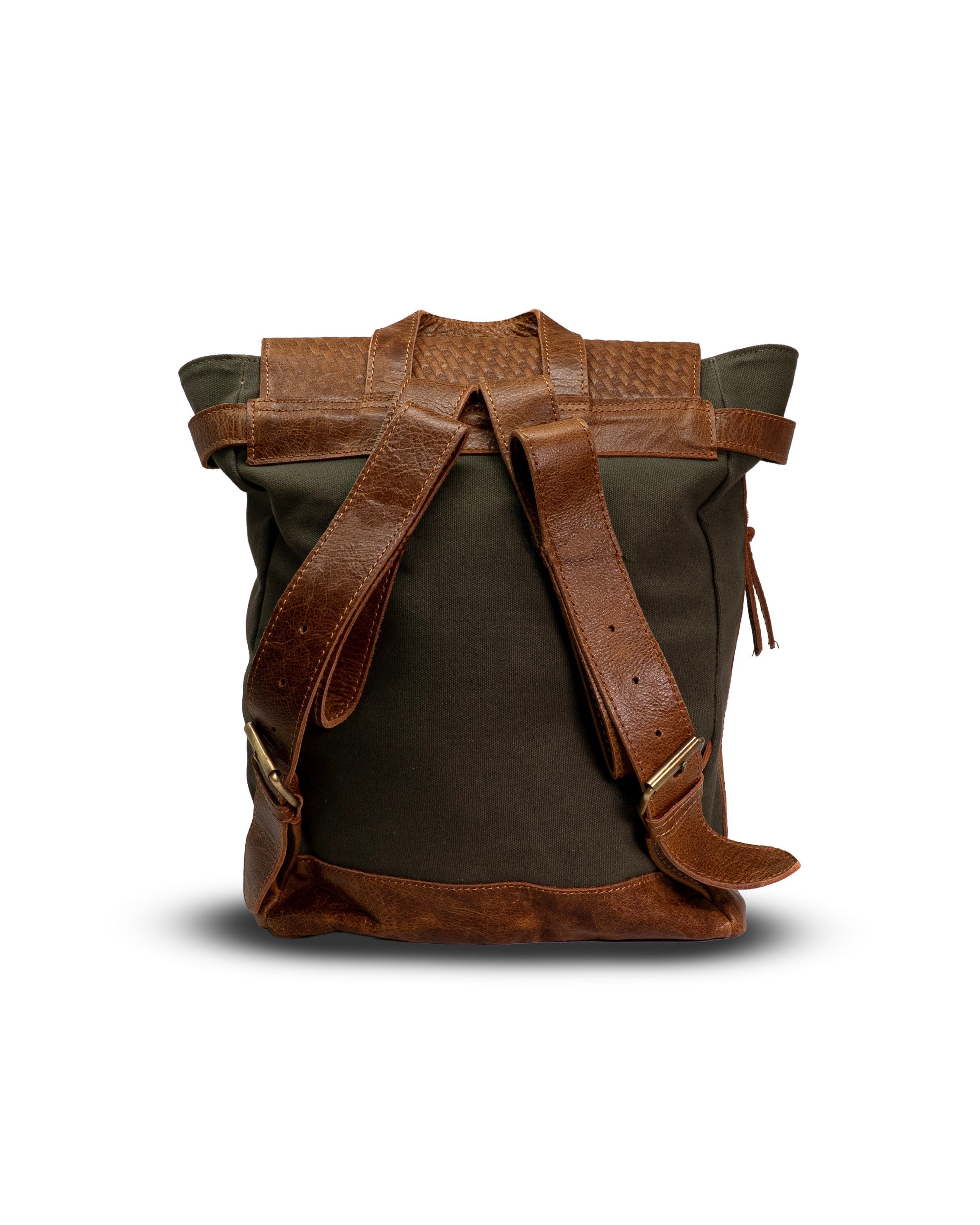 Green and brown roll-top backpack on a white background