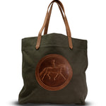 Green tote bag with brown leather handle and horse emblem on a white background