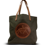 Green tote bag with brown leather handle and horse emblem on a white background