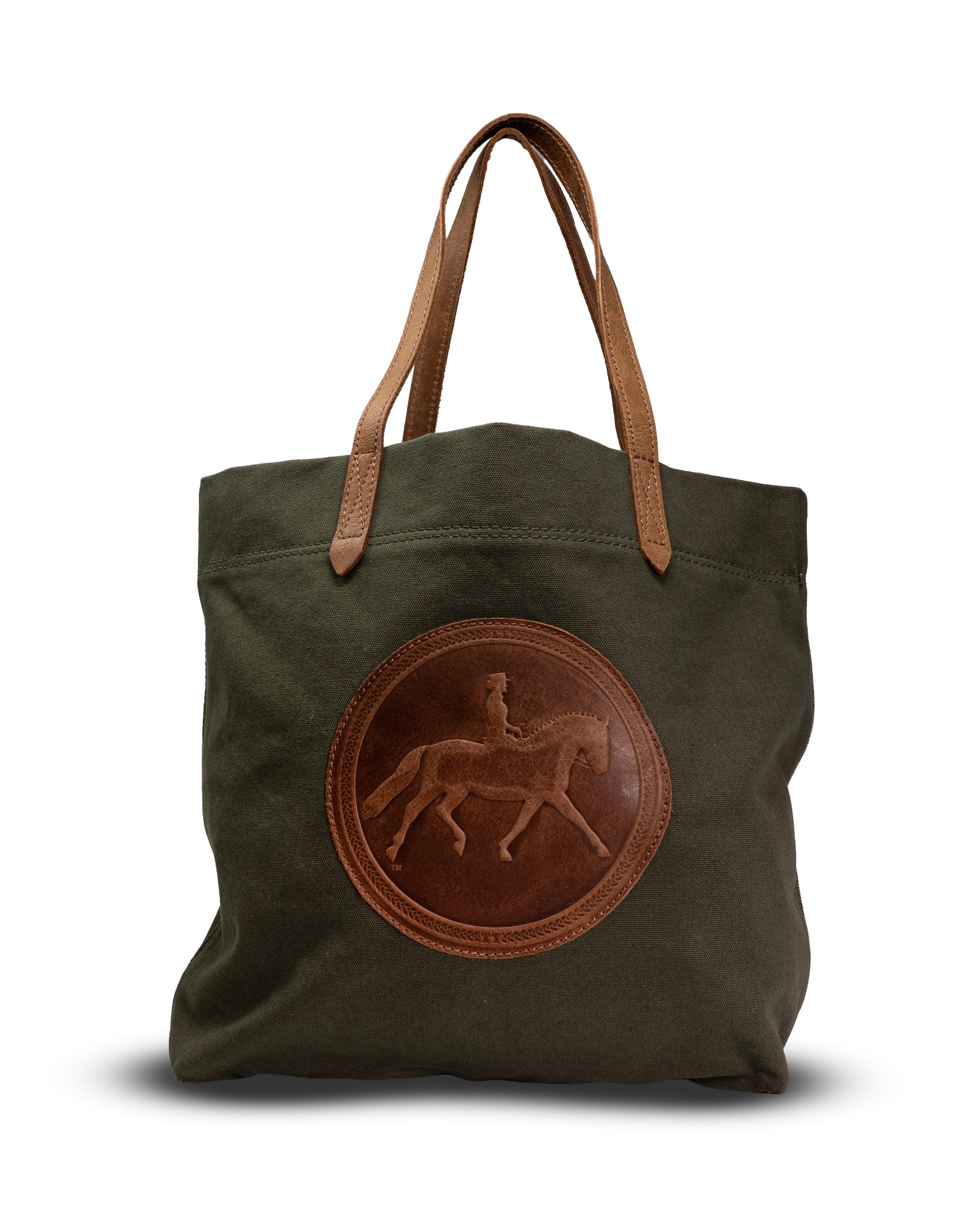 Green tote bag with brown leather handle and horse emblem on a white background