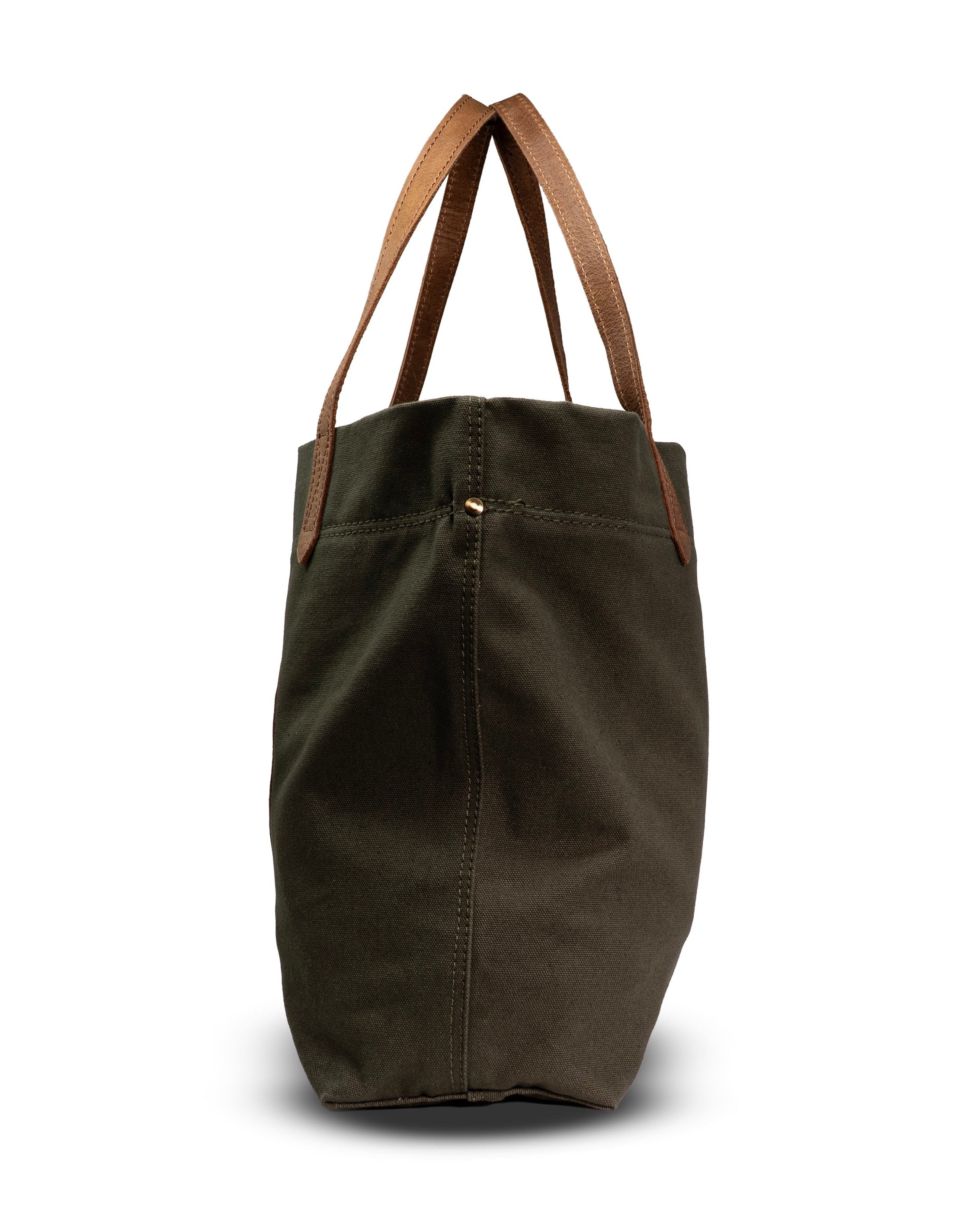 Green tote bag with brown handles on a white background