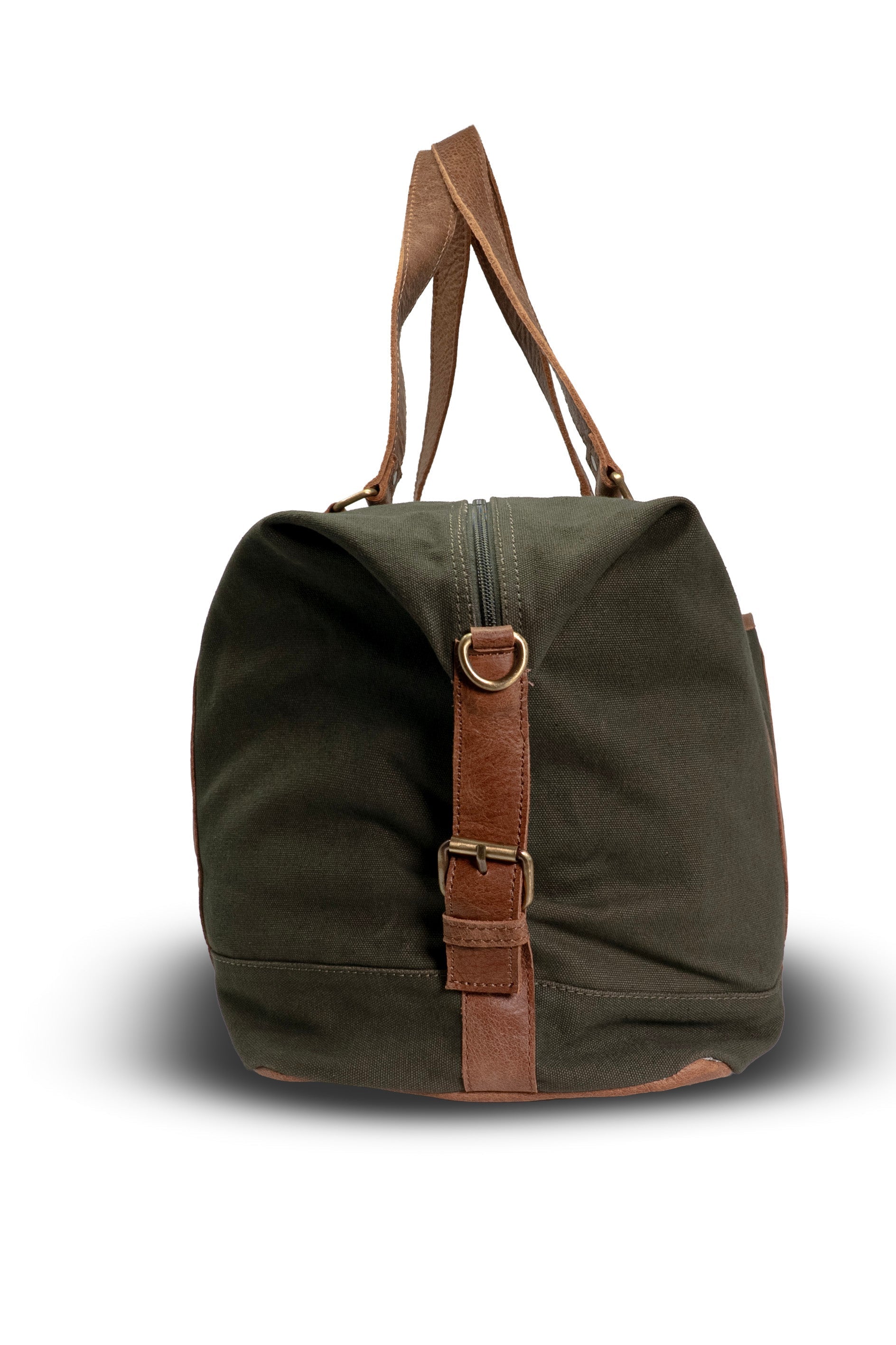 Green duffel bag with brown leather straps on a white background