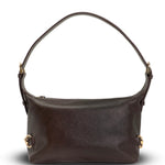 Brown leather handbag with gold accents on a white background