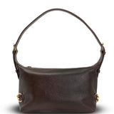 Brown leather handbag with gold accents on a white background