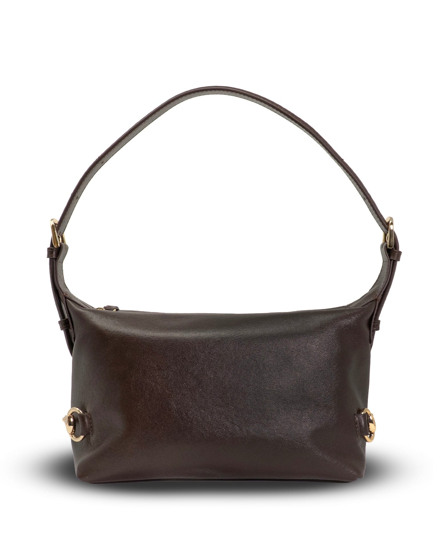Brown leather handbag with gold accents on a white background