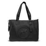 Black handbag with a logo on a white background