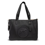 Black handbag with a logo on a white background