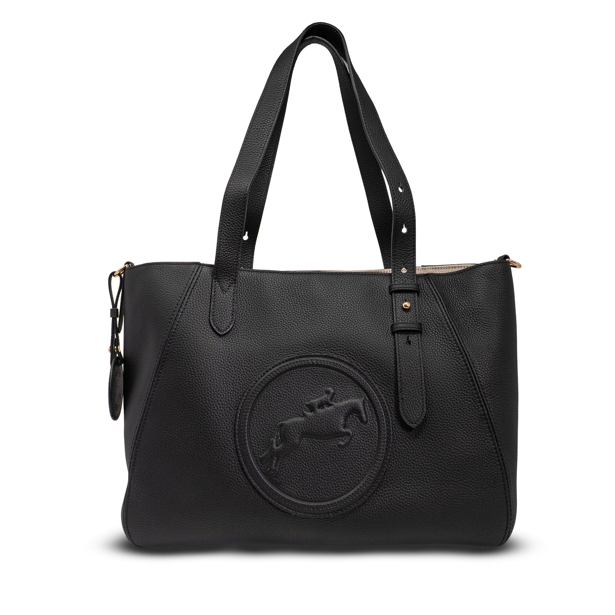 Black handbag with a logo on a white background