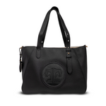 Black handbag with a logo on a white background