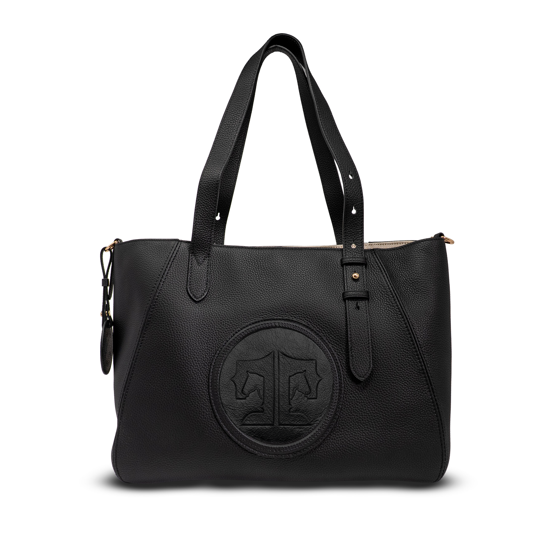 Black handbag with a logo on a white background