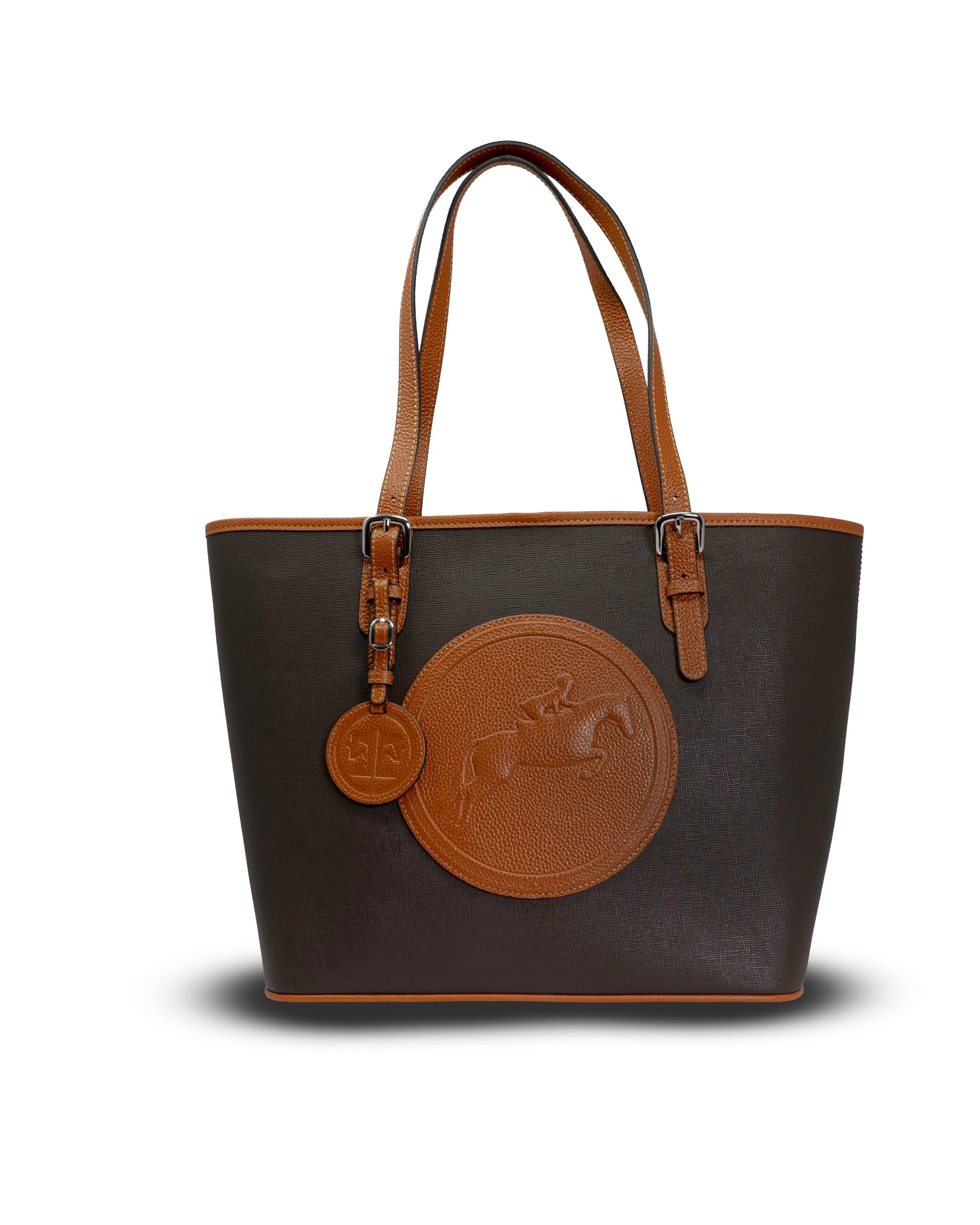 Brown leather handbag with a circular emblem on a white background