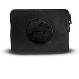 A black leather zippered pouch featuring a circular embossed logo of a leaping horse on the front, with a gold-tone zipper pull on the right side, set against a plain white background.