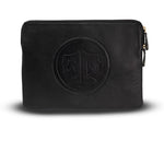 Black leather pouch with a circular logo on a white background