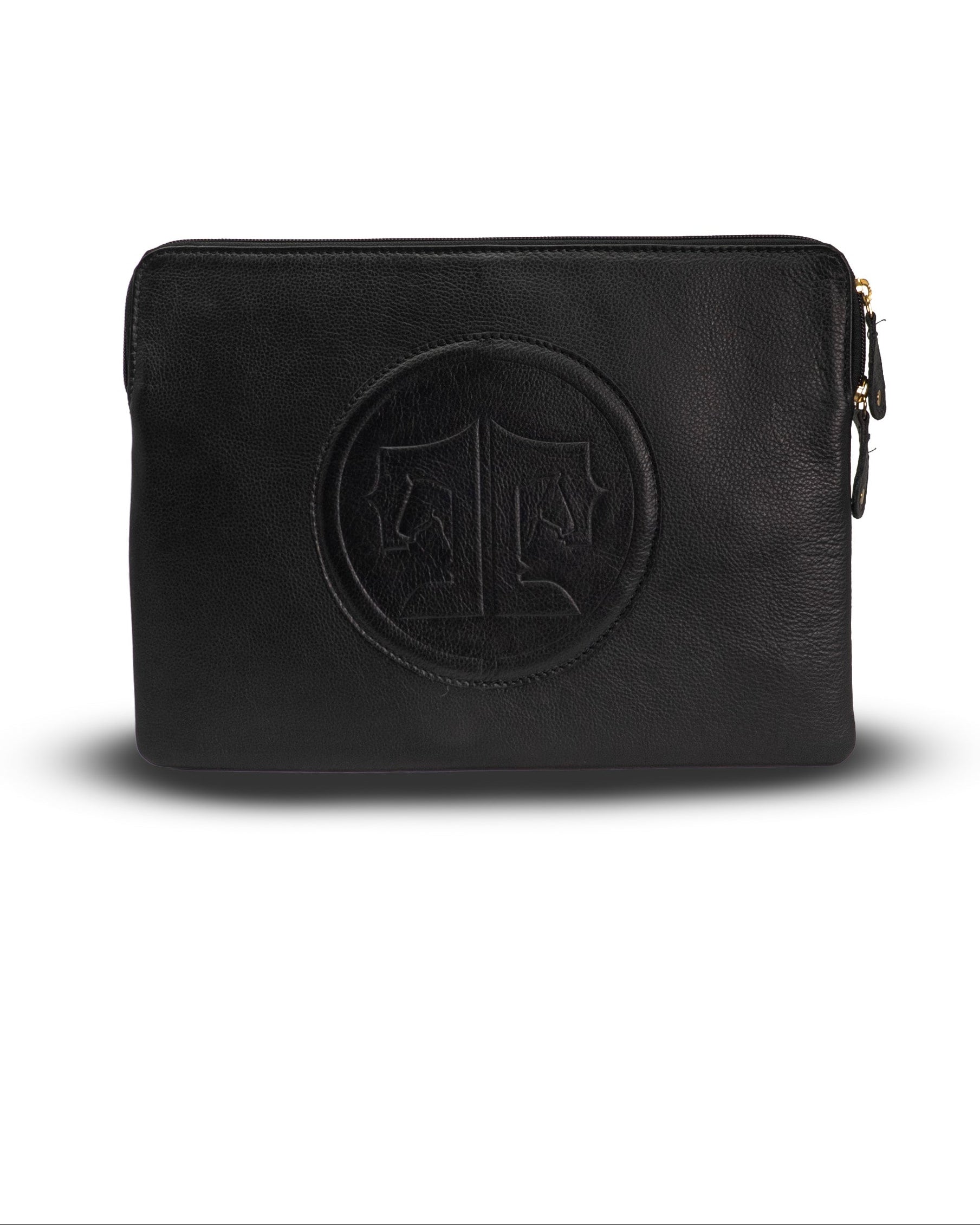 Black leather pouch with a circular logo on a white background