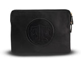 Black leather pouch with a circular logo on a white background