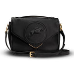 Black handbag with a brand logo on a white background