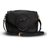 Black handbag with a brand logo on a white background