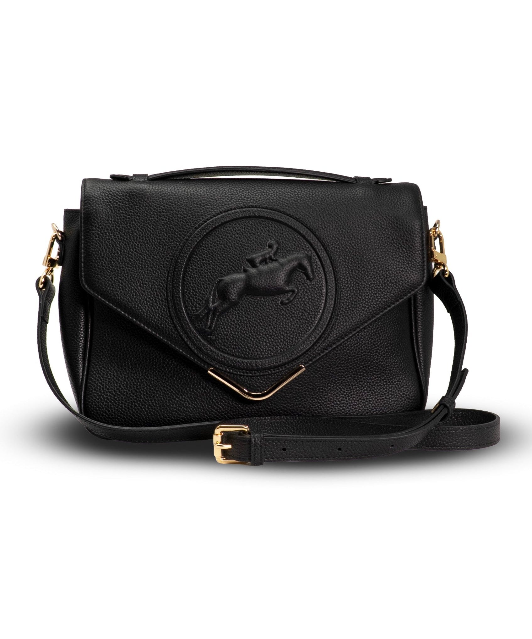 Black handbag with a brand logo on a white background