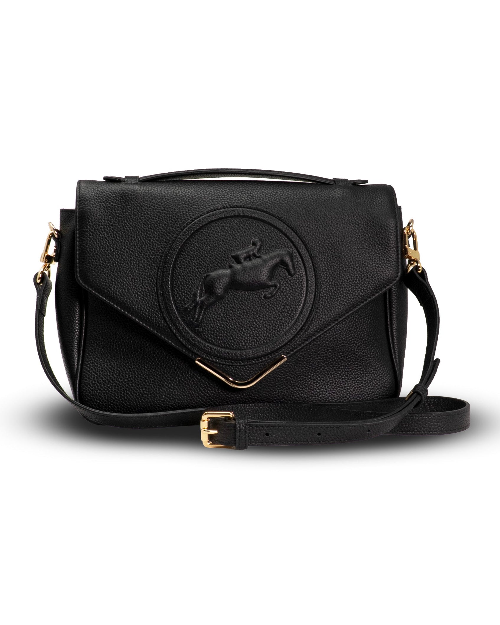 Black handbag with a brand logo on a white background