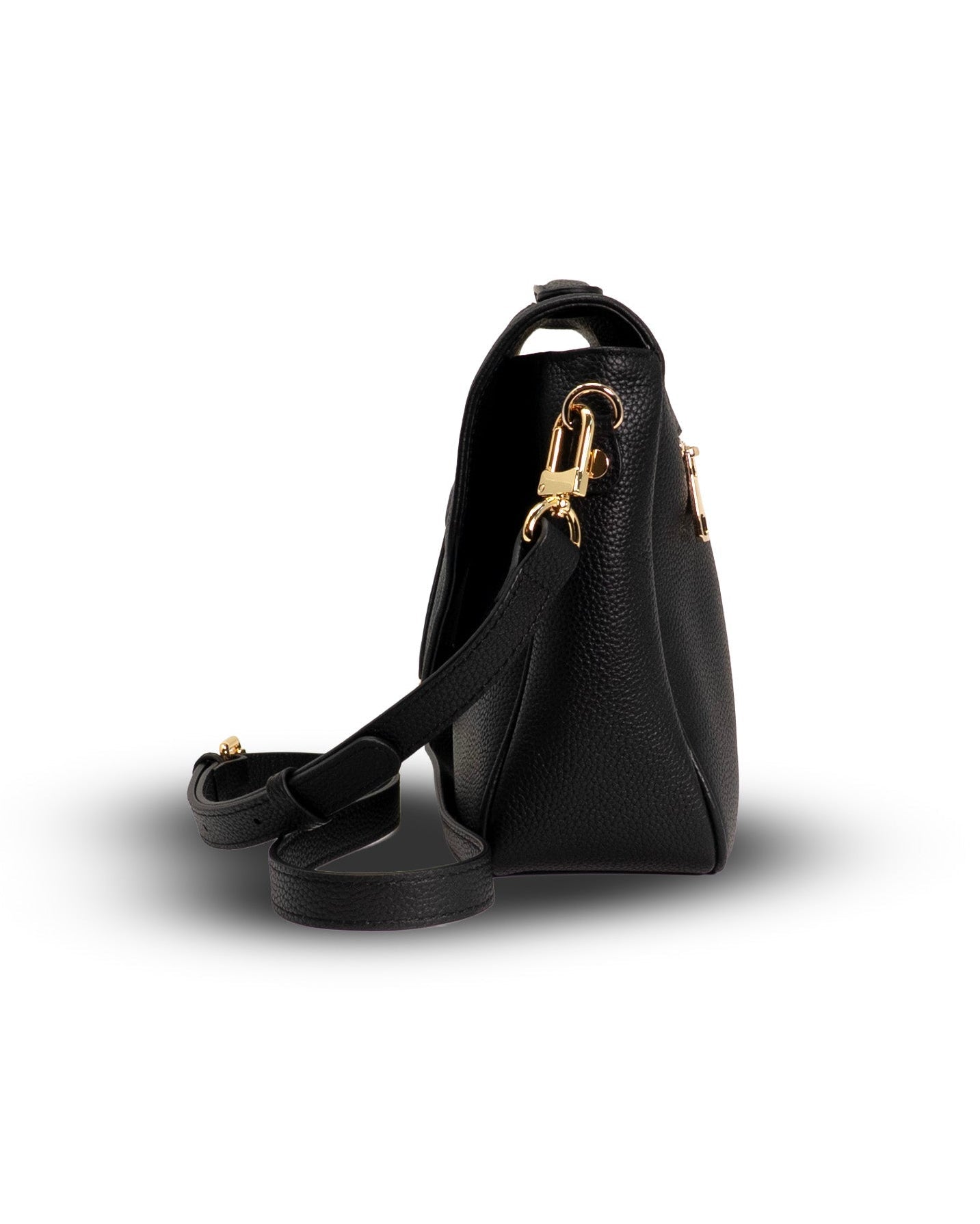 Black handbag with gold zipper on a white background