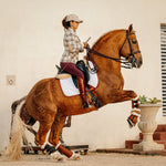 A woman, Mariana Botero, on a palomino Lusitano horse in sixteen cypress. 