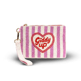 Small striped pouch with a heart design and text on a white background