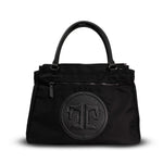 Black handbag with a circular logo on a white background