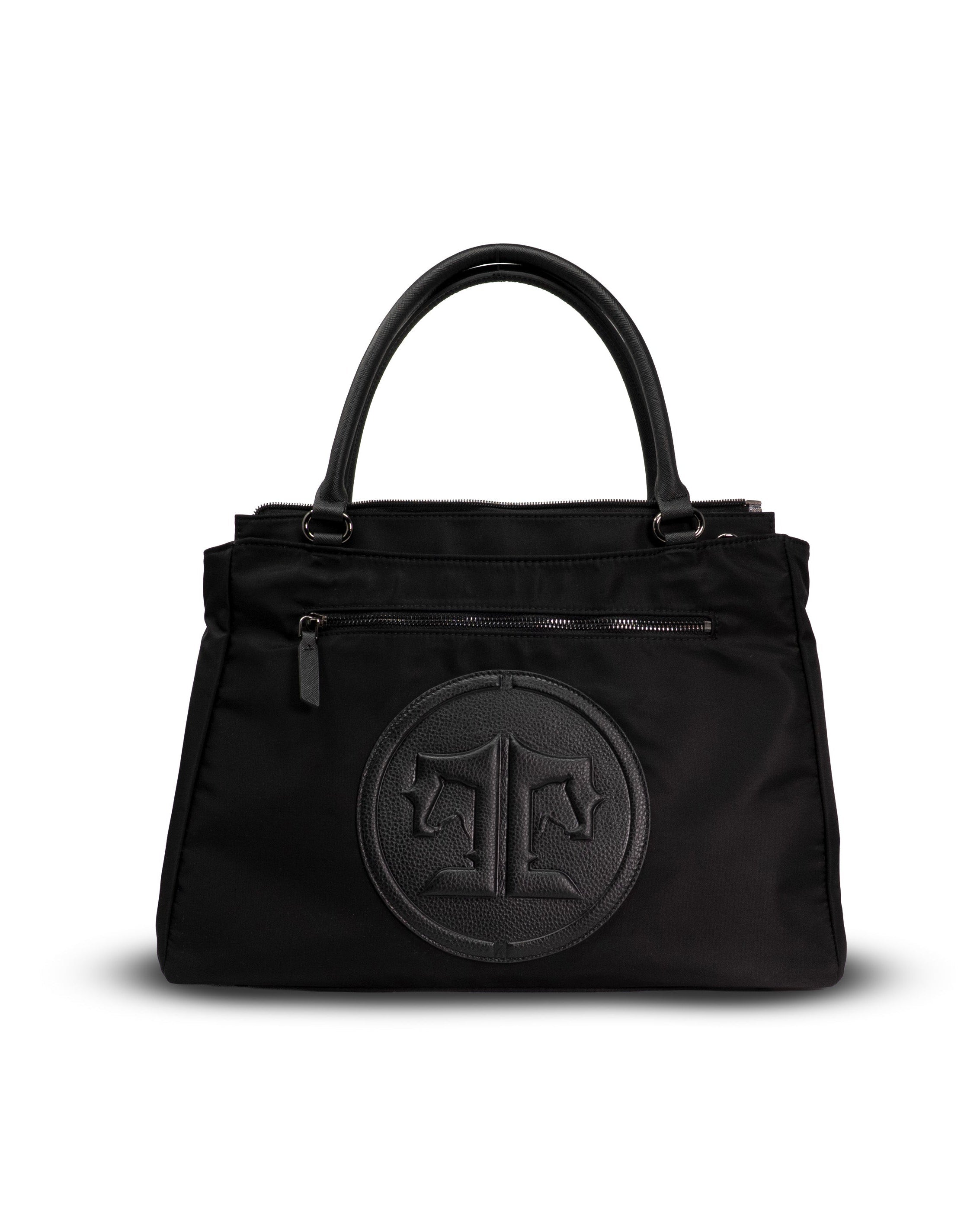 Black handbag with a circular logo on a white background