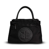 Black handbag with a circular logo on a white background