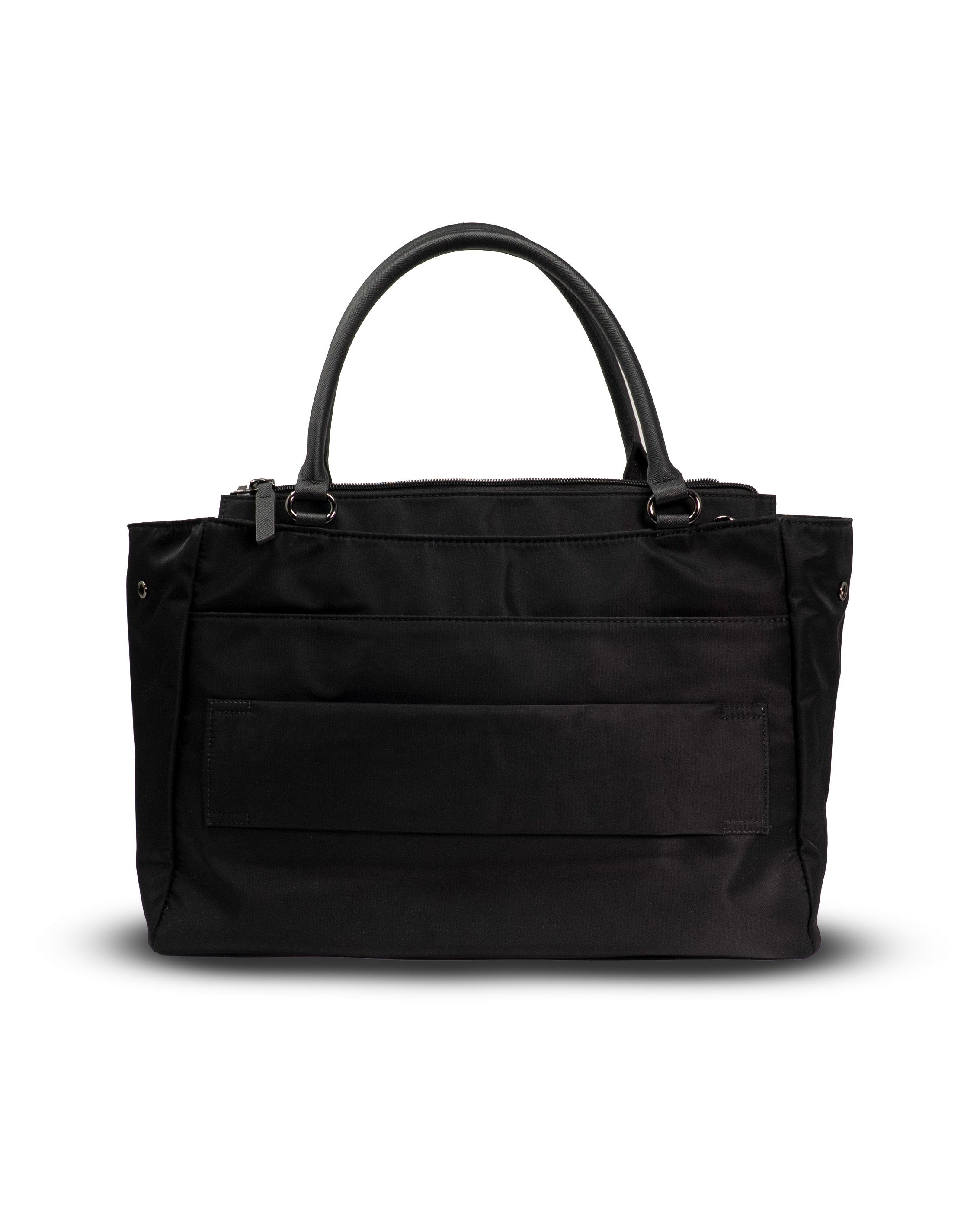 Black handbag on a white background