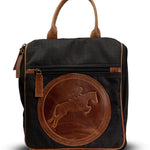 Black backpack with brown leather patch featuring a horse emblem on a white background