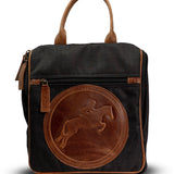 Black backpack with brown leather patch featuring a horse emblem on a white background