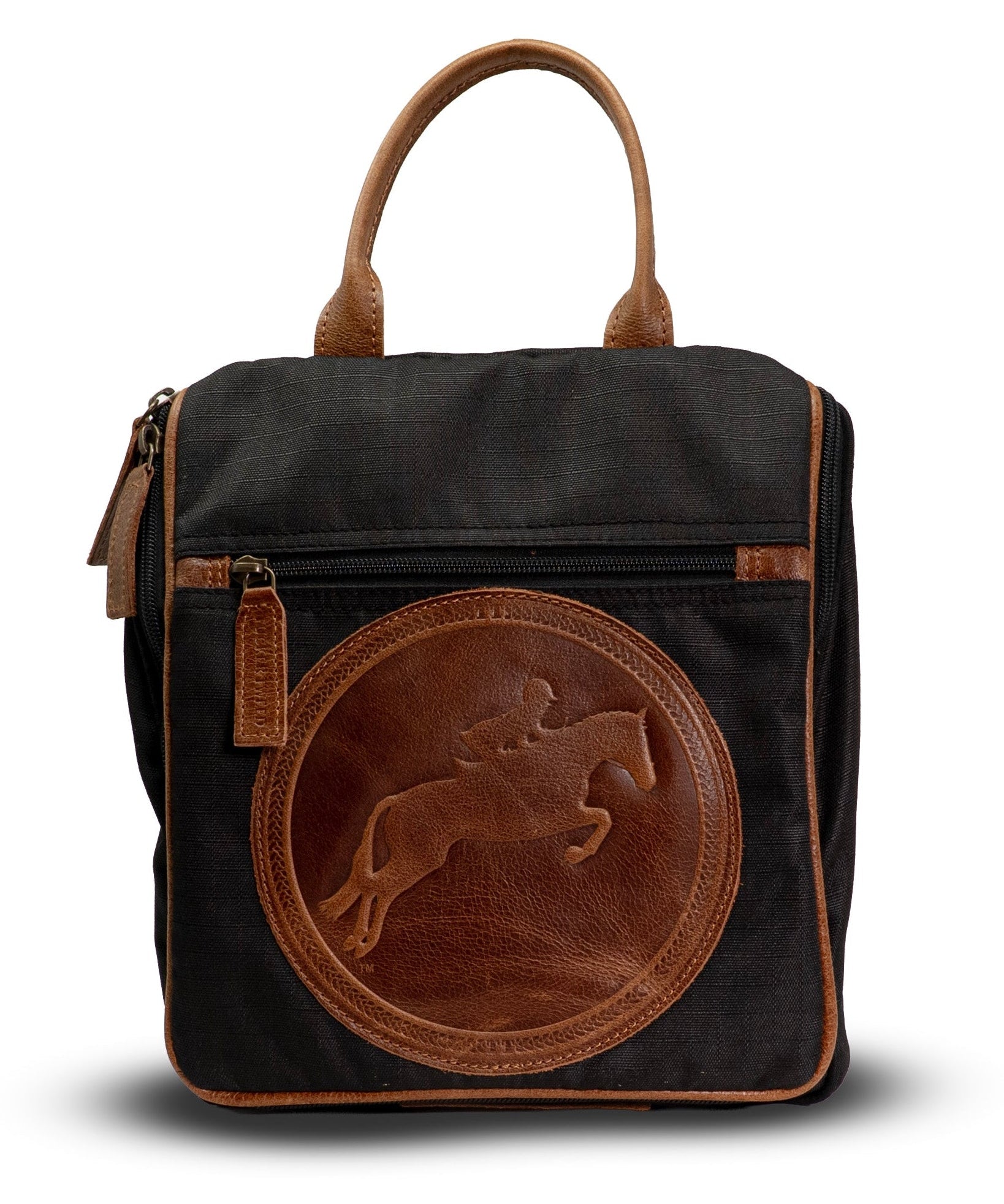 Black backpack with brown leather patch featuring a horse emblem on a white background