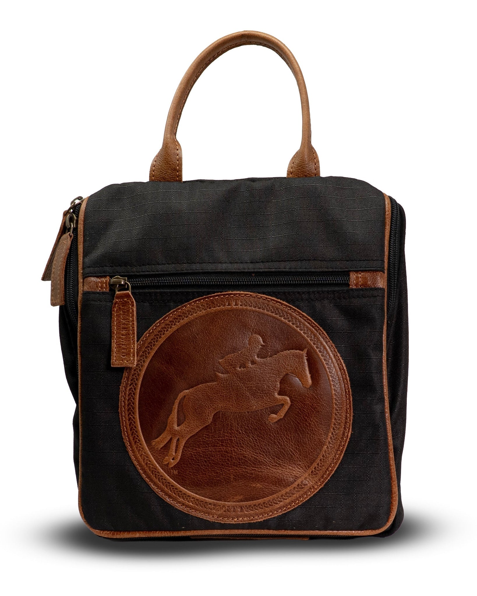 Black backpack with brown leather patch featuring a horse emblem on a white background