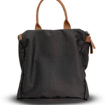 Black backpack with brown straps on a white background