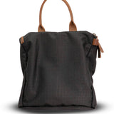 Black backpack with brown straps on a white background