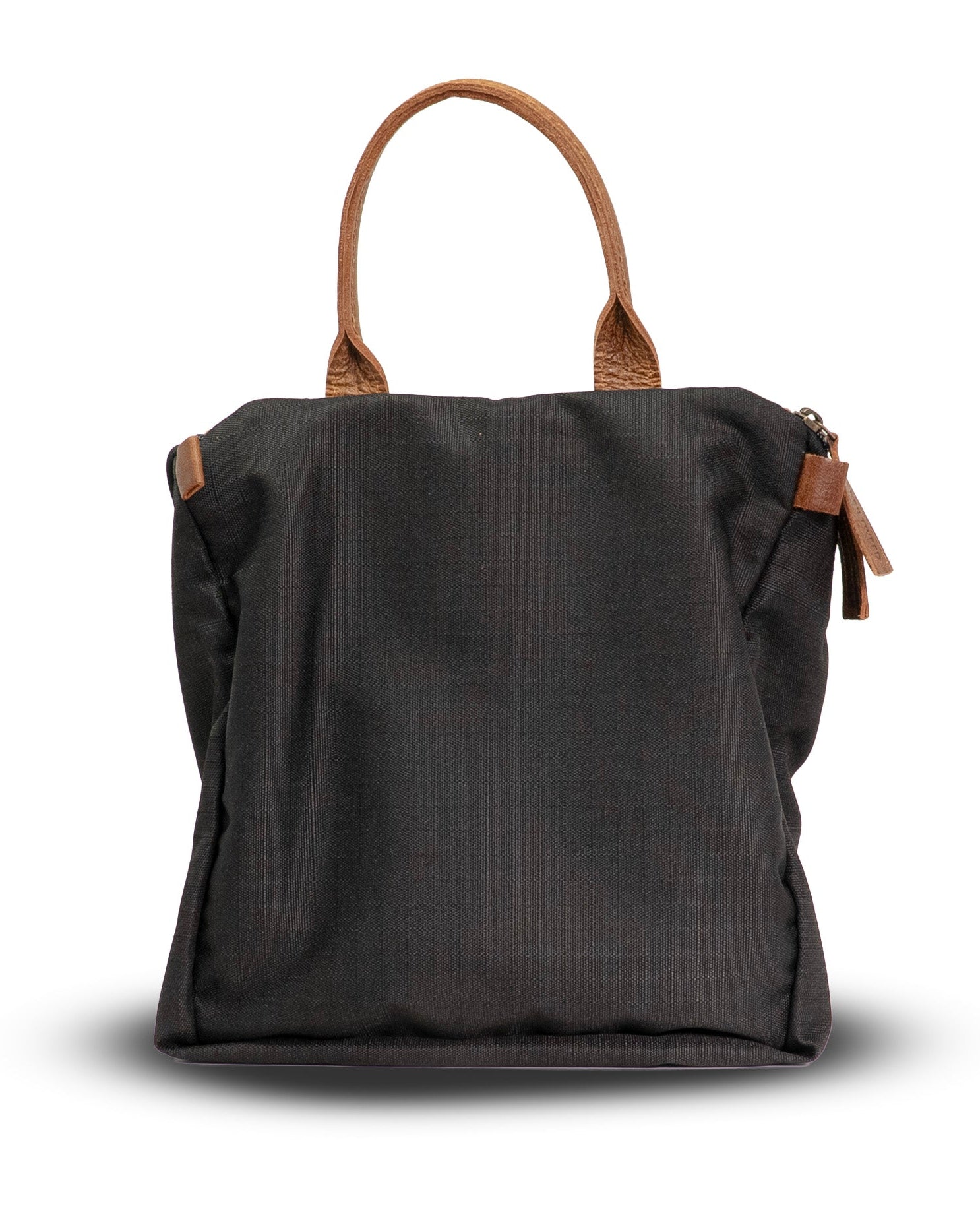Black backpack with brown straps on a white background