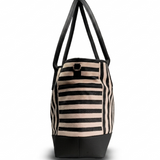 A striped tote bag with black leather-like handles and a black base, featuring alternating beige and black horizontal stripes on the body, shown against a plain white background.