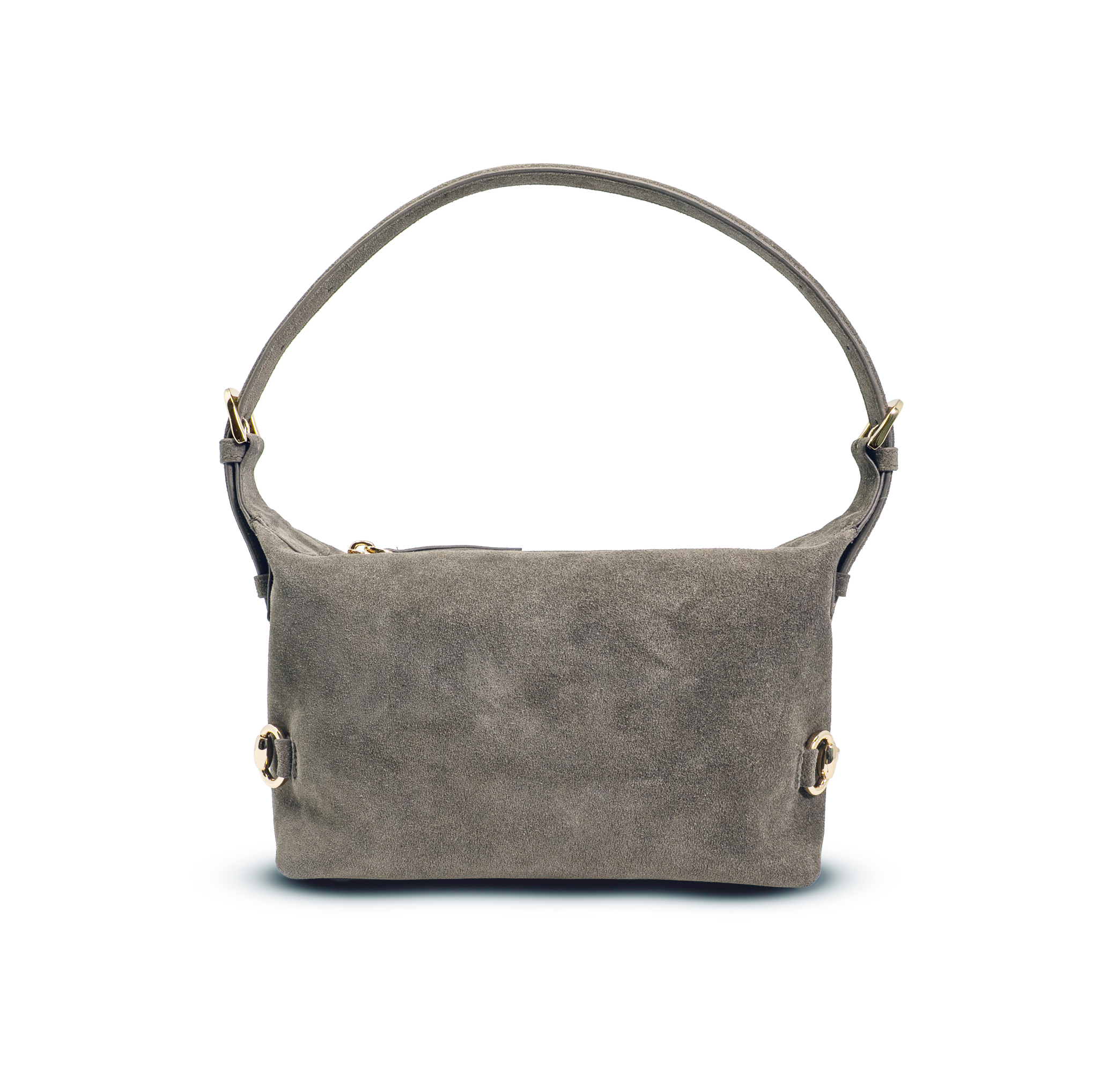 Gray handbag with gold accents on a white background